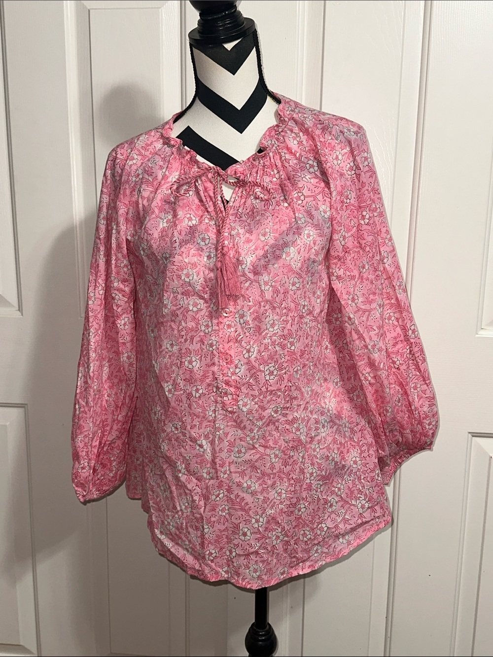Emerson Fry India Collection Pink Floral Tassel Tie Blouse